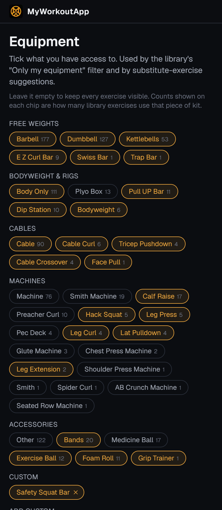 App-scherm waar je aanduidt welke bars, machines en accessoires je hebt